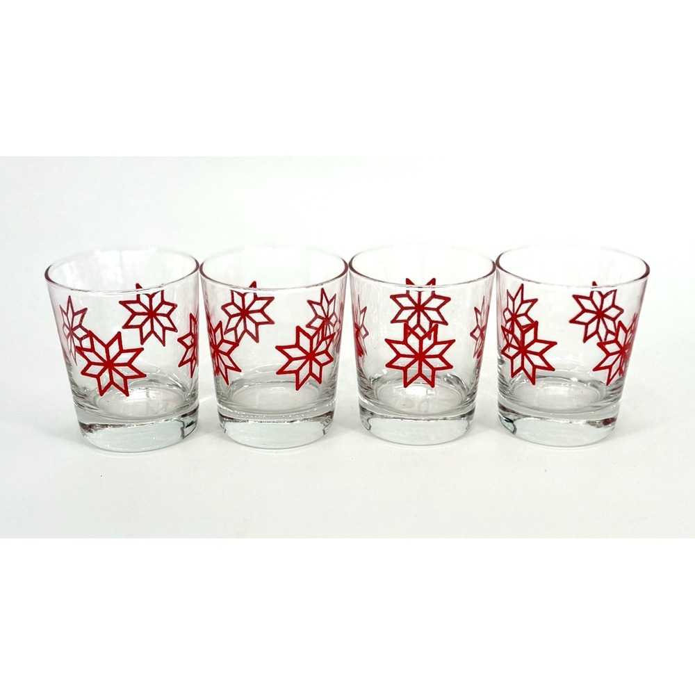 IKEA Set of 4 Red Snowflake Clear Glasses Lowball Whiskey 2017 8oz Vinter